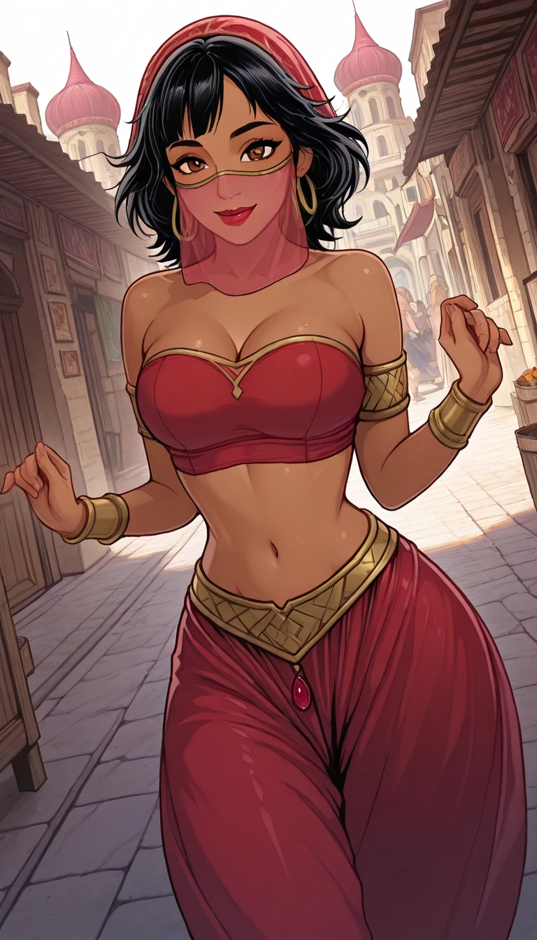 score_9, score_8_up, source_anime, 1girl, solo, <lora:SDXL AS109 Epoch 10:1> as109 BREAK Final Fantasy Tifa Lockhart, black hair,  mature female, large breasts, wearing a Dark Orange belly dancer lingerie, bare feet, dog ears, Path, Amused, Laughing