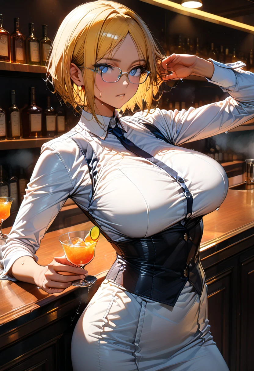 ((master part)), ((best quality)), (ultra-detalhado), ((kawaii)), (fofo), (Lovely:1.4), ((sexy)), (Foi), ((extremamente detalhado)), 4k, (8k), best quality, (Beautiful), illustration, estilo anime, Pintura, Dynamic angle, cowboy shot, (de curinga:1.4), contorno pesado, Contornos claros, gradation, foco de corpo inteiro, Inside the bar counter, (Noite), Menina fofa s, 1girl em, sozinho, barman, Bartender Oeste, shaker, cabelos pretos, Cute random colored eyes, ((Olhos bonitos)), Pele levemente cor de trigo, short hair, Glutes, (gigantic and massive tits:1.4), esguio, delgado, glasses, bowtie, sorrir, (corar:1.5), boca aberta pequena, efeito espumante, Reflexo da lente, brilhante-cintilante, Brilhando
