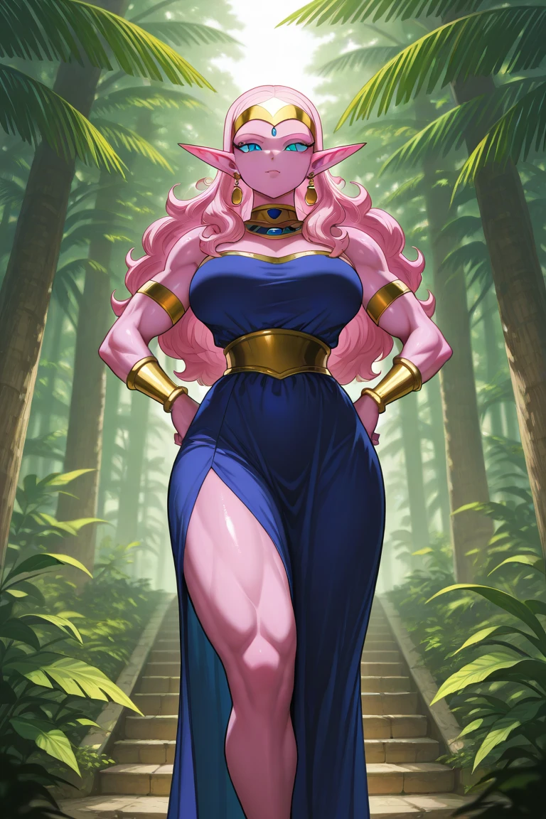 masterpiece, best quality, extremely detailed, 1girl, mature female, solo, leafa, (colored skin, purple skin:2), (gigantic breasts:1.3), ((((blonde hair), very long hair, bun, green eyes, slit pupils, pointy ears))), parted lips, (((egyptian clothes, white dress, maebari, bottomless, crotch plate))), ((blush, :o), closed mouth), ((hands on own hips, forest))