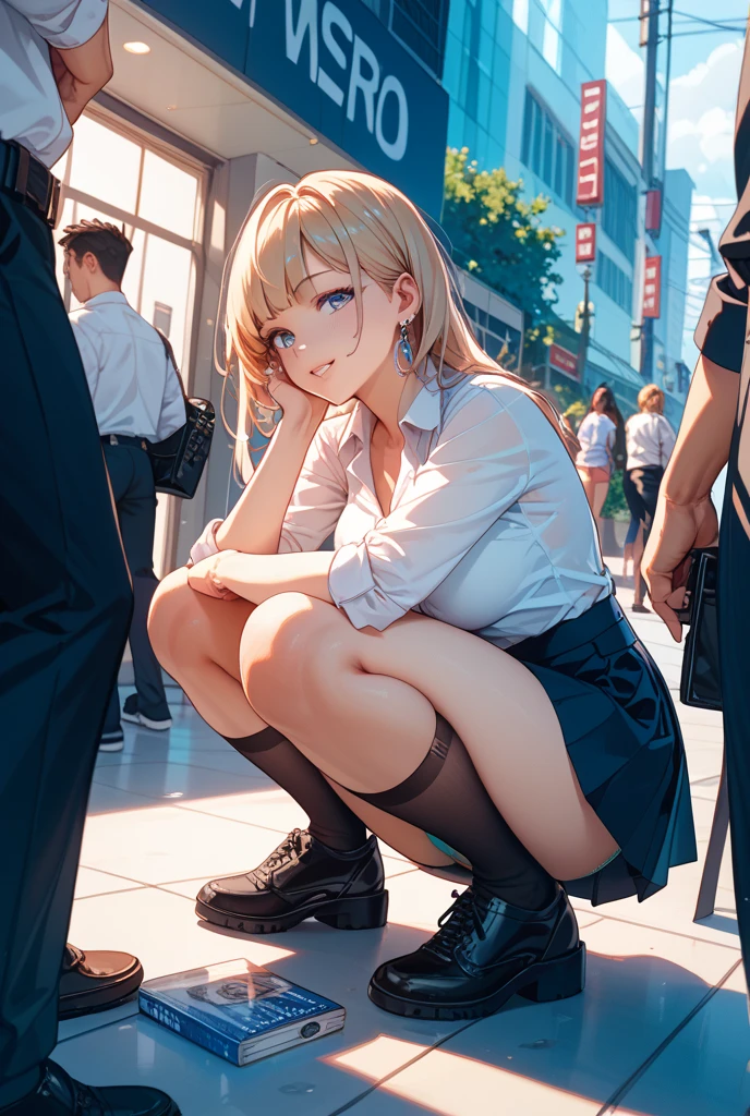 (((night,真night中))),((Perfect ???????:1.2,Realistic:1.3,Raw photo:1.3,masterpiece、highest quality、Ultra - High resolution、High resolution、Extremely detailed CG、8k)),Cowboy Shot,((attractive way to sit)),((((squatting pose)))),1 female,alone,18-year-old、High school girl beautiful girl,Japanese,((Beautiful and exquisite face and eyes:1.2,Big beautiful eyes:1.3,)),Blonde,Long Hair,(Center parted hair:1.4,amount),Medium chest,Slender body,Small Head:1.3,skinny,(Brown Skin:1.4),(Oily skin,Glowing Skin,Shiny skin,Sweat:1.2),(school uniform、Dark blue blazer jacket、Checkered pleated mini skirt),Dirty back alley、Tokyo、((Turn your body forward))、((((show panty)))),(lonely),((Feeling melancholy))