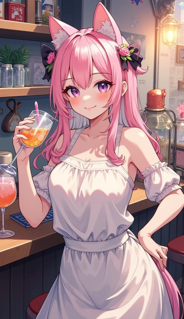 Pink Hair、Big Breasts、in the forest、Naked Apron、