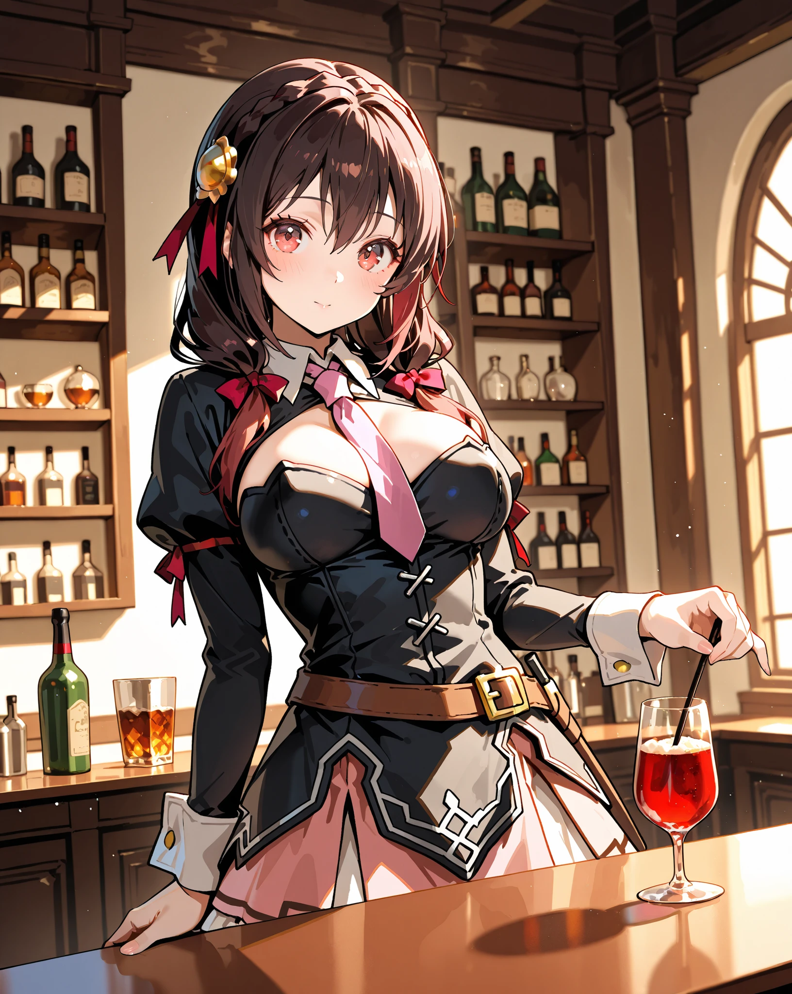 Yunyun, Konosuba, cabello mediano, trenza lateral, trenzas gemelas, ojos rojos, Traje de sirvienta, negro_vestido rojo, Garter belt pantyhose, Corte bajo, escote bajo, mangas hinchadas, Detallado, adorno para el cabello, leather waist belt, rastas, Bandeja de bebidas en una mano, avergonzado, nariz sonrojada, They are smiling, boca abierta, alta calidad, Obra maestra, medieval fantasy, en un bar, Daylight, Windows.
