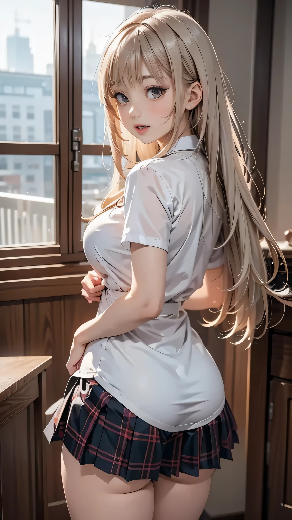 8K quality、High definition、Particles of light(0.5)、High definitionの瞳、Sexy blonde maid、slender、Ripe body、Soft Breasts、Off-the-shoulder maid outfit、Red lipstick、、The hem of the skirt is twisted、Realistic wet vagina、Black blouse with white apron、Open your mouth、Drooling、Twin tails、Shooting from the side、Panting、whimper、Scream、Put your hands on the table、Stick your ass out
