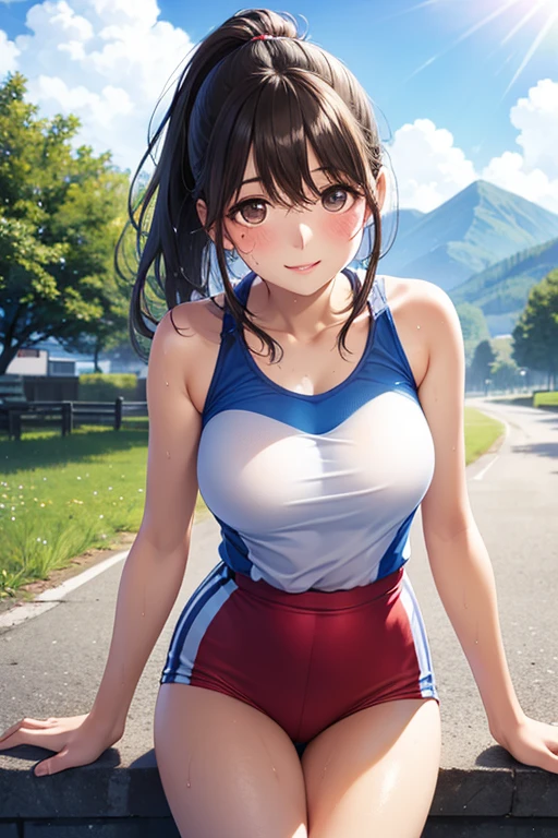 best quality,4k,8k,highres,masterpiece:1.2,ultra-detailed,(realistic,photorealistic,photo-realistic:1.37),beautiful detailed eyes,beautiful detailed lips,extremely detailed eyes and face,longeyelashes,1girl,gym uniform,buruma,running,dynamic pose,energetic,vibrant colors,soft lighting,warm lighting,cinematic composition,detailed background,scenic landscape