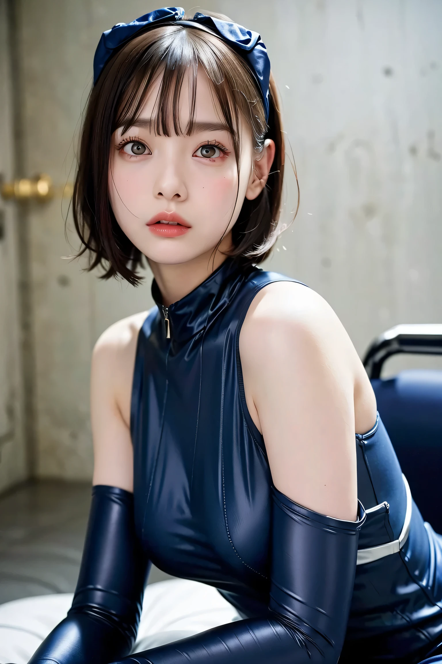1 woman、Korean、Korean、cyberpunk suit、smooth rubber、tight suit、chest chuck、intricate details、high quality、(upscale:1.4)、Staring at me、ultra realistic 8k、Perfection face、perfection、clean、masterpiece、professional artwork、famous works、Perfection face、beautiful expression、beautiful eyes、short black hair、high heels、wet hair、very big breasts、best image quality、natural background、(focus on chest)、No pants, (RAW Photography:1.2)、top-quality、white, a beautiful detailed girl、tight water suit、latex wet suit, a smile、Twin-tailed、extremely detailed eye and face、beatiful detailed eyes、huge filesize、hight resolution、hight resolution、8k wallpapenely detail、Highly detailed ticker uniform 8k wallpaper、Light on the face、movie lighting、16-year-old girl、sexy pose、(photorealisim:1.4)、illustratio、surrealism、 frombelow、super detailing、masterpiece