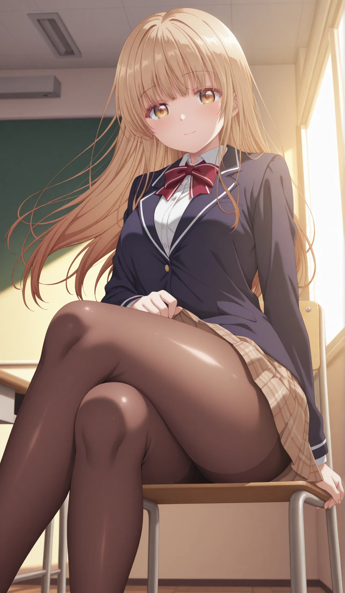 score_9, score_8_up, score_7_up, rating_explicit, 1girl, solo, MahiruShiina, otonari no tenshi-sama ni itsu no mani ka dame ningen ni sarete ita ken, shiina mahiru \(otonari no tenshi-sama\), yellow eyes, blonde hair, long hair, straight hair, medium breasts, white collared shirt, red bowtie, blazer, long sleeves, brown skirt, brown skirt, white panties, brown pantyhose, crossed legs, sweat, looking at viewer, sofa, sitting on sofa, white pillow, indoors, living room background, blush, open mouth,