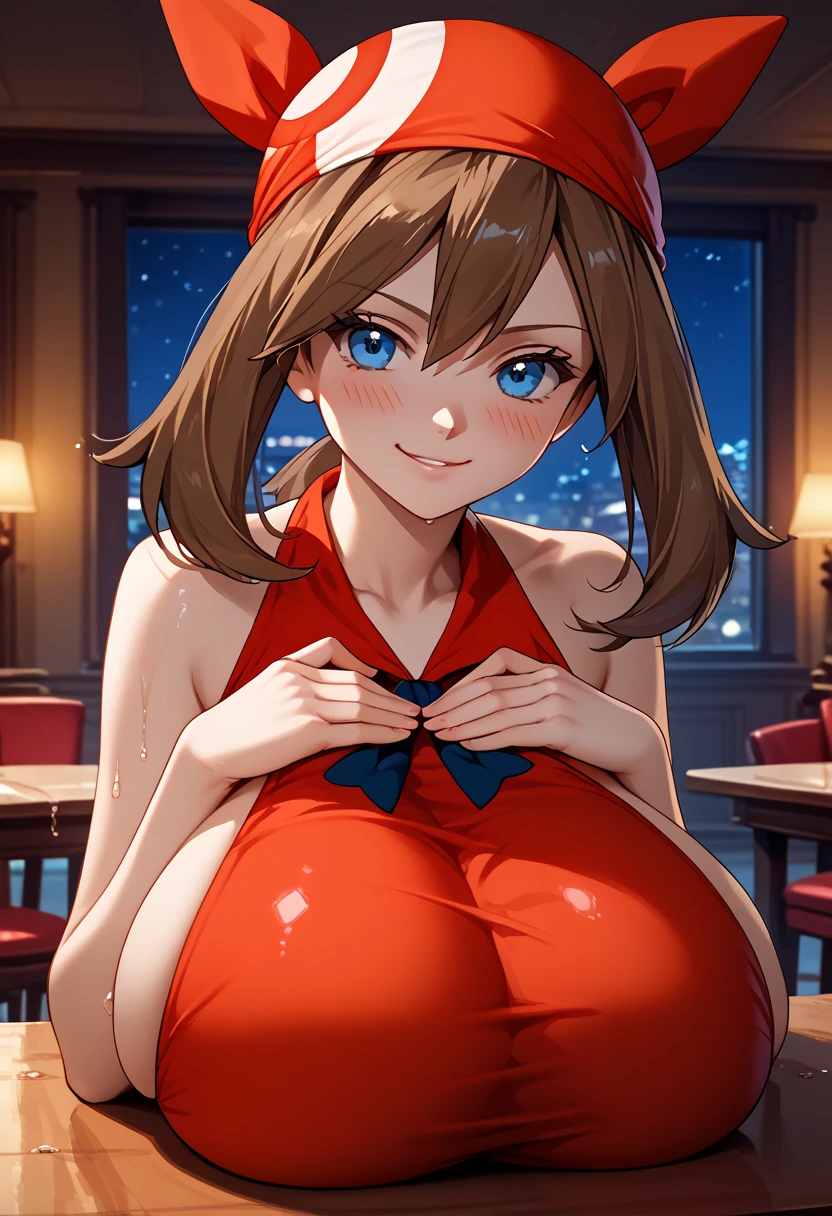 score_9, score_8_up, score_7_up, source_anime, sakimiya iruka, red hair, (green eyes, one side up), medium hair, green scrunchie, hair ornament, shiny skin, rating_explicit, large breasts, large ass, cheongsam, playboy bunny, embarrassed, (tearful:1.2), wet clothes, cameltoe, dynamic pose,