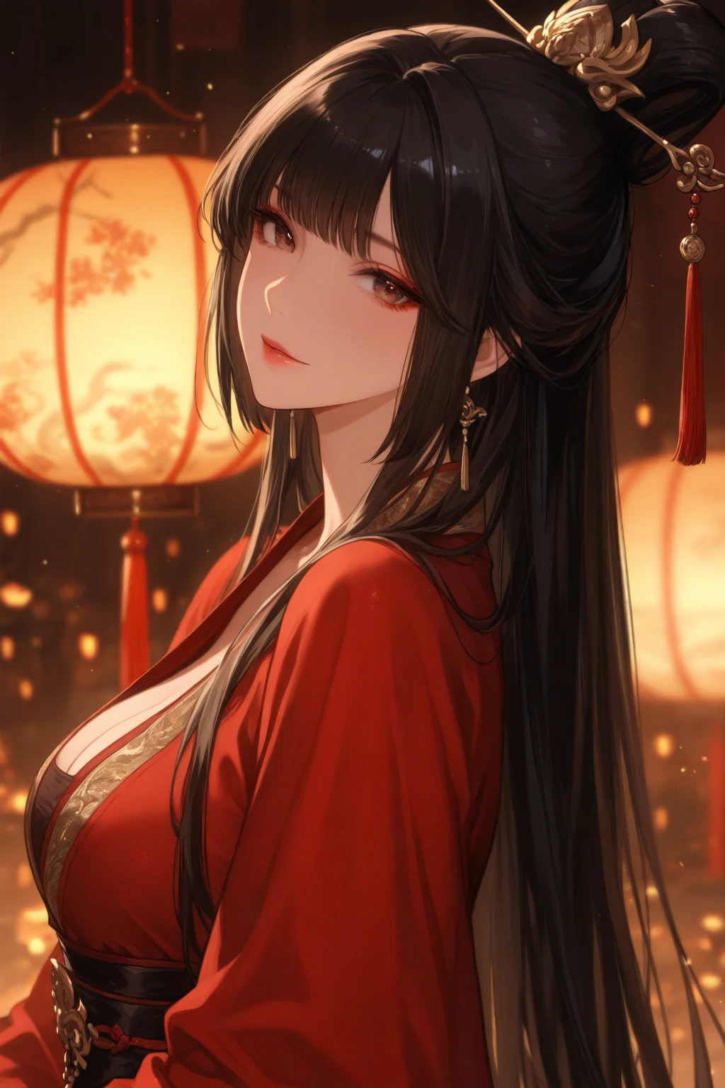 (Highest quality),(masterpiece), 8k,Very detailed, Detailed light, Best Shadow,Detailed reflective eyes, Beautiful Eyes, Very detailedな顔,Shiny Hair,sexy,Big Breasts,Charm,One person,Gloss,Black Hair,,Inner hair color red,Red eyes,Nine-Tailed Fox,Animal ears,kimono,Miko costume,enchanting,Expressionless,Blushing,full moon,Glass Art,Enchanting,Japanese sword,Empty sheath on right hip,Demon Sword,Beautiful fingers,Beautiful hands,Refers to 5 books,