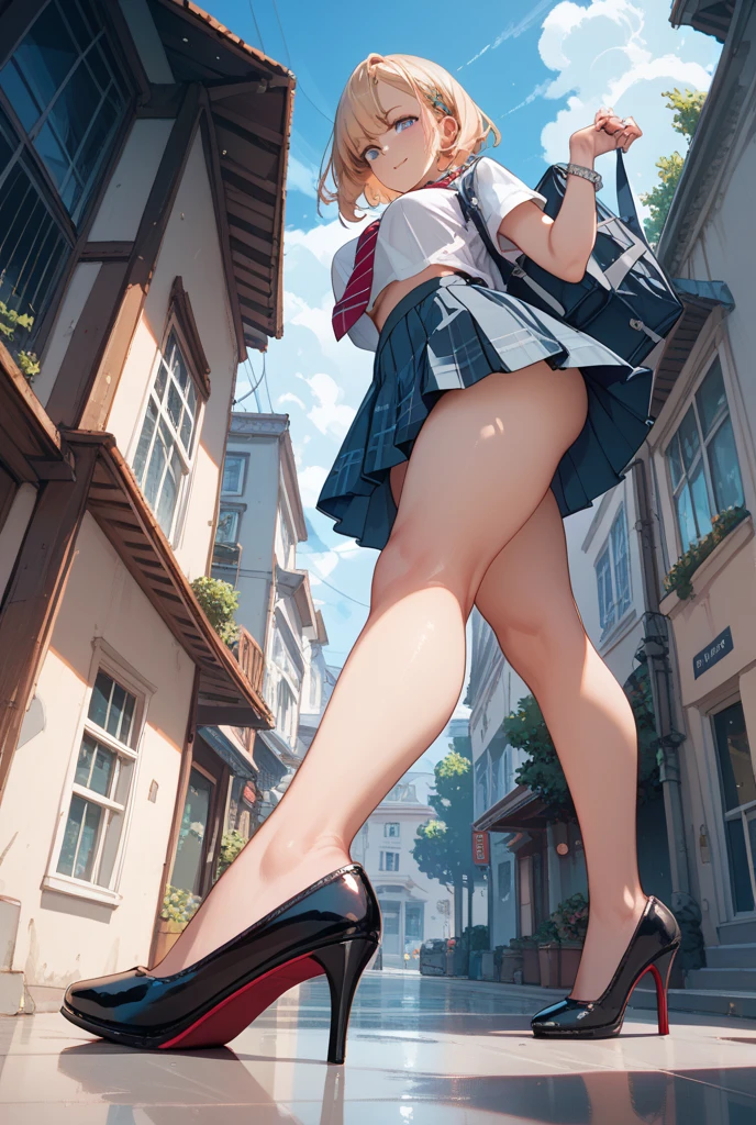 High quality, anime screencap, full body shot, skinny 1girl, outdoor, running, college uniform, pleated skirt, (upskirt in wind), (detailed underwear exposed), arms raised up, shocked, screaming, blushing, embarassed, perfect anatomy, head, perfect hands, masterpiece, lewd, symmetrical face, perfect eyes, WindyUpskirt