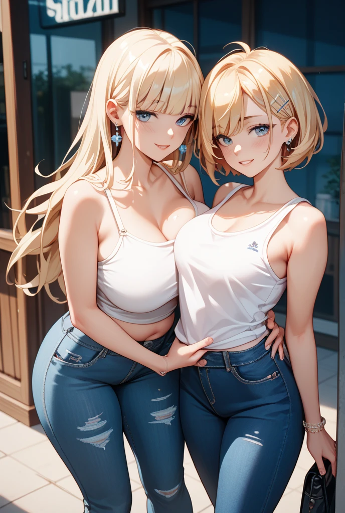 （(1 girl)）, solo, Big round breasts, clevage, curvy body, realistic, blonde hair, light green eyes, amazing big eyes, eye details, eyebrow details, white crop top, denim skirt, big lips, blush, confident, dominant, bdsm, smirk, naughty, mischevious face, HD, good quality, crop top, curvy, standing up, looking up, hot