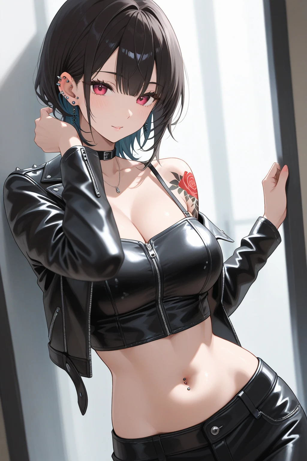 (Best quality, 8k, 32k, Masterpiece, UHD,:1.2),RAW, 1girl,ultra cute , natural lighting,transparent shining eyes, 20yo ,fair complexion, (ecstasy:0.8) ,(slut:0.8),,((leather jacket, short leather pants,)),,