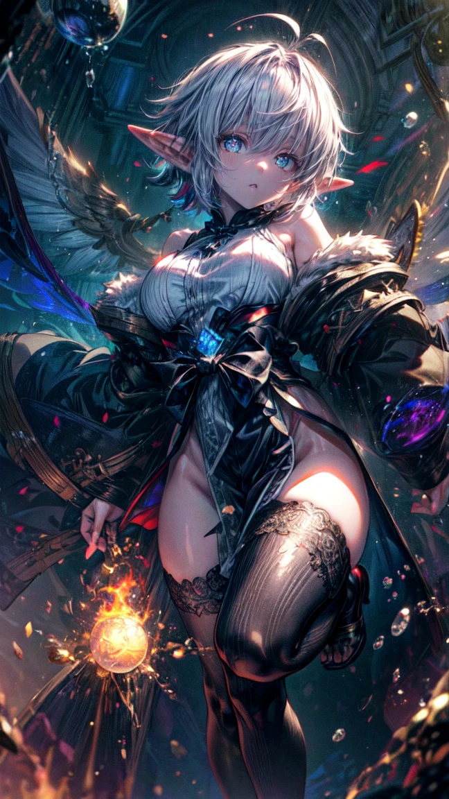 realistic, 1girl, detailed hair, big breasts, blush, bloom, super detailed, (glowing blue full eyes), silver hair, wearing black gloves