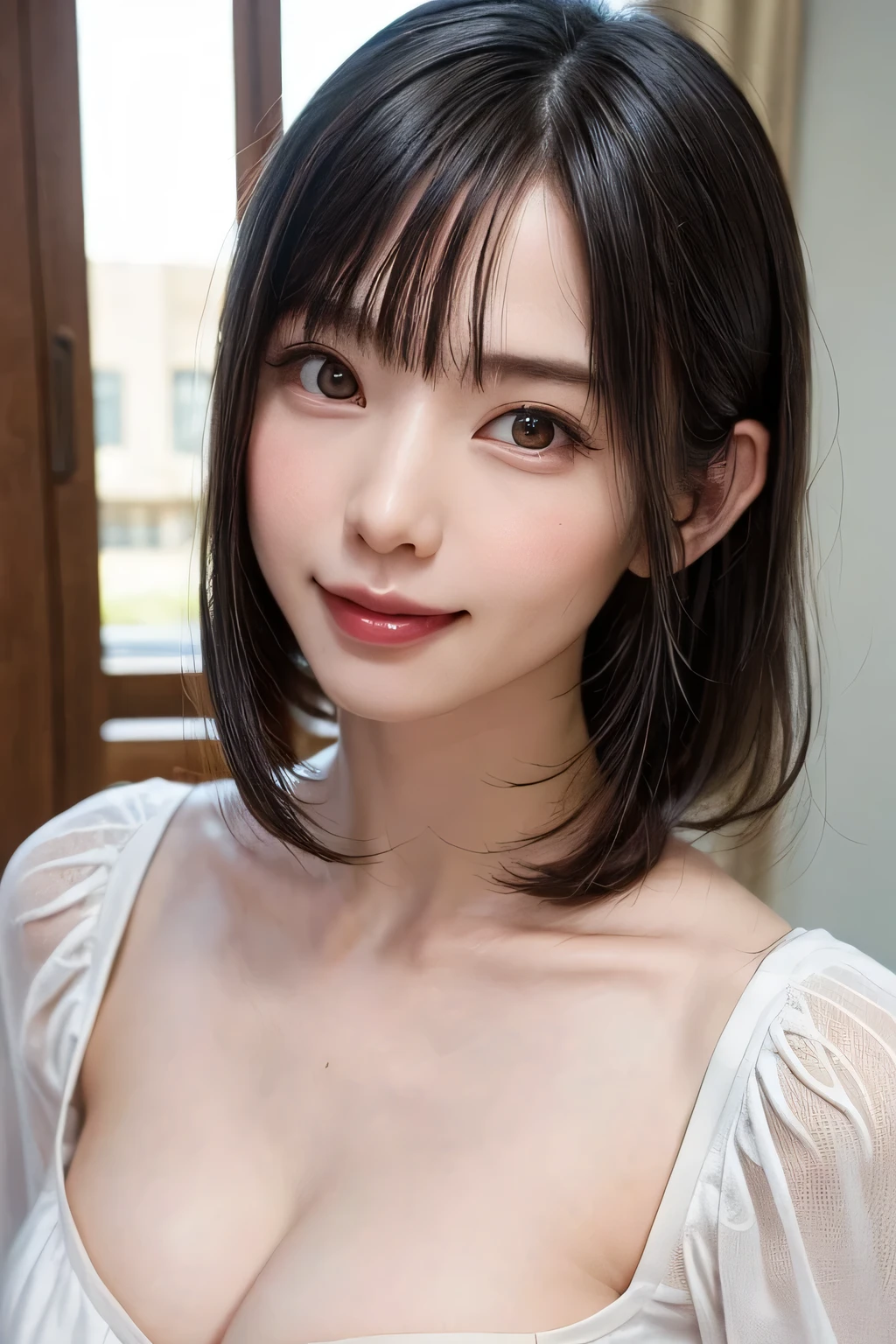 (masterpiece, Highest quality,Perfect Anatomy,Everything is beautifully detailed)、One Girl, alone, Black-haired、Has a beautiful collarbone, Realistic, Realistic, Looking at the audience, Light brown eyes, short hair, Brown coat, Winter clothes, White headスカーフ, lips, prohibit, Plein Air, Mouth closed, Upper Body、Big eyes、eyelash、((Beautiful scenery of sparkling snow))、(((前髪ありshort hair、Big eyes、Big ample chest、{huge|big|hugeな|Mega} chest, chestの谷間、Gazing at the audience、A wonderful, beautiful beauty、Put out your ears、beautiful long neck、Laugh a little、Please close your mouth and laugh)))、expensive、A beautiful woman with elegant charm、An innocent smile、A beautiful woman with a dignified charm、Give your eyes a natural, gentle glow、