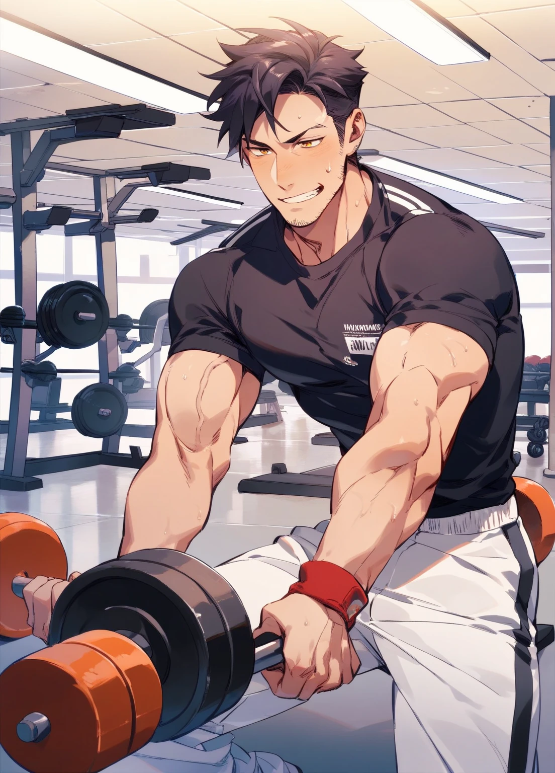 Kiritsugu Emiya is sitting in a black tank top without sleeves and is flexing his abs. He has many huge veins on his arms. His top is lifted up and his abs are visible.