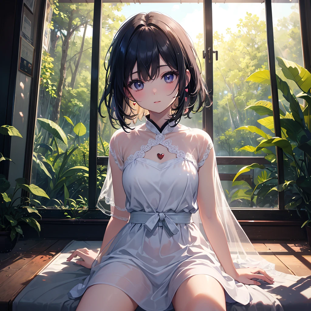 score_9,score_8_up,score_7_up,score_6_up,score_5_up,score_4_up, source_anime,1girl,solo,blunt-bangs,19 years old,short-hair,large_breasts,black-hair,red-eyes, A light purple see-through babydoll. The shoulder straps are white with white lace trim and embroidery. bare_shoulders,bare_arms,bare_legs,