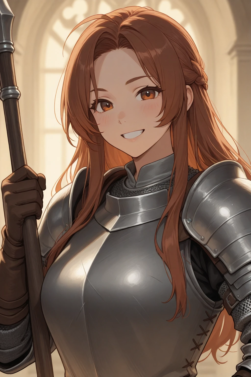 {{upper body, dutch angle}} {{Artist: ratatatat74}} 1girl, mature female, goliath, silver eyes, mahogany brown hair, long single braid hair, athletic figure, freckles across nose, blood-soaked warrior, injured, black fur coat, damaged chestplate, indoors, evening, blacksmith shop, maniac grin, peaking out the doorway, looking at the camera pov, medieval fantasy.