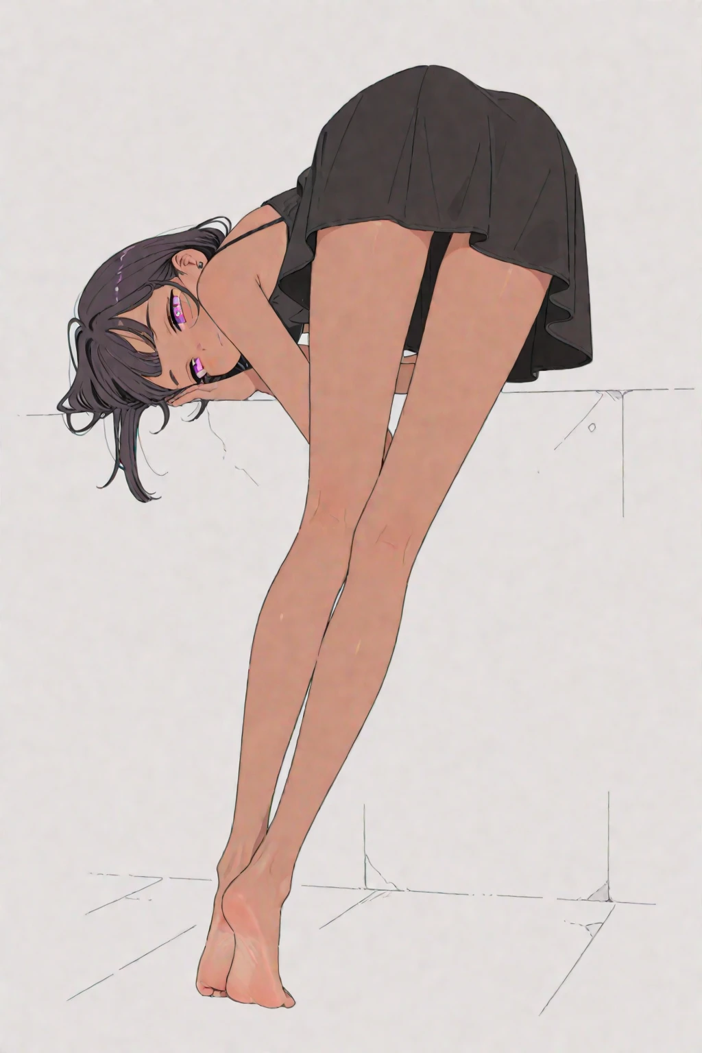 high tail hairstyle, Ponytail hairstyle, Long wavy black hair, standing posing, anime girl style, pixel art anime style,penetrating look with deep eyes,red and purple eyes, hair with a ponytail hairstyle trapped with a big red bun, Women, red hair clips, x color shaped hair clips , smiling face blush, next to his bed, lingerie, Tank Top, Black hair, mini skirt, big thighs,