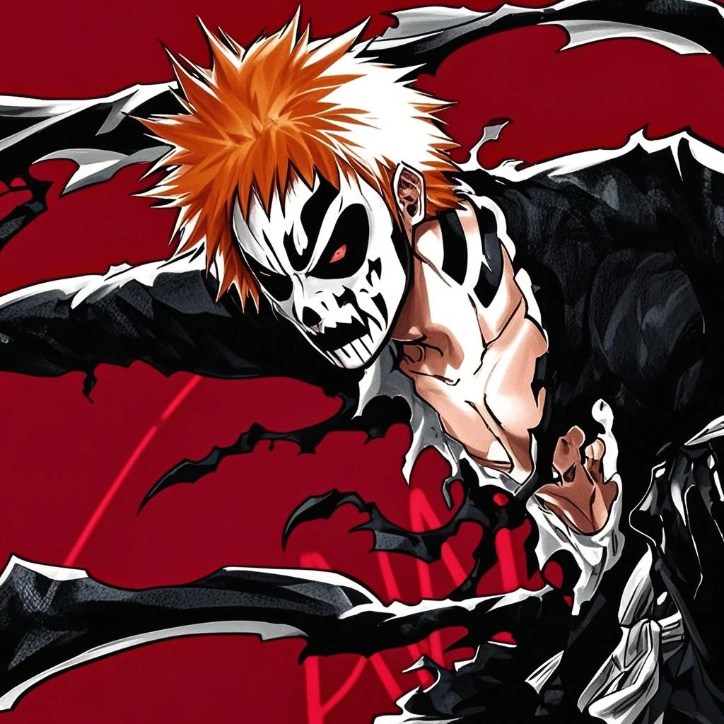 a mask completely destroyed and fragmented, completely glued together and with a broken horn appeared from the forehead ,hollow mask, bleach anime