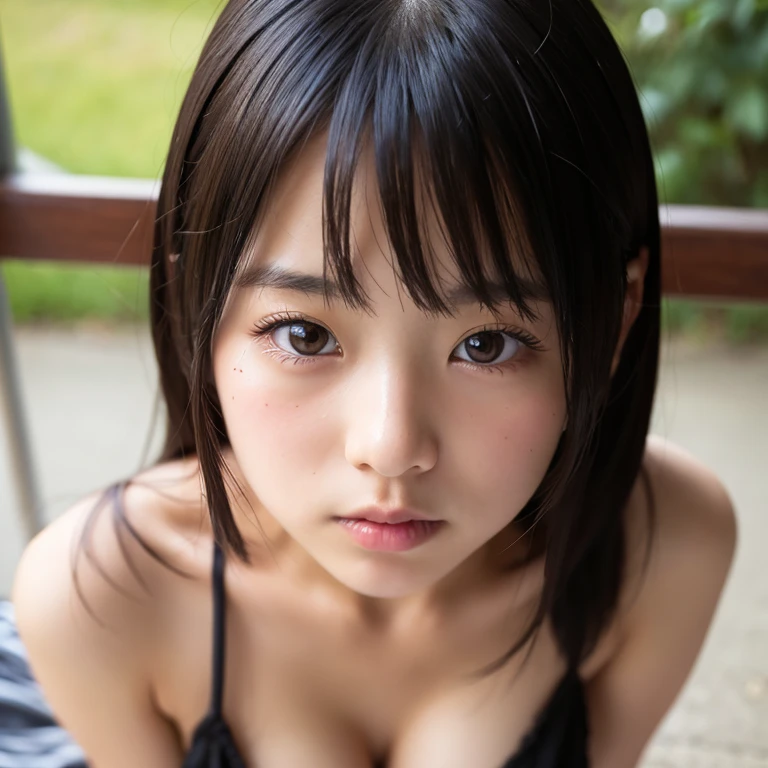 pureerosface_v1, Best Quality, Photorealistic, 8K, hight resolution, fulcolor, 1girl in, Woman, 20yr old female, (Closed mouth:1.73), (Skindentation), (Portrait:0.6), Trees, park bench, Daylight, ((Park background:1.52)), fulcolor, ((NSFW,fullnude、big areolae、erectile nipple、fissure、Detailed pubic area、clitoris in detail、Do not express male genitalia、complete hands、2 arms、complete fingers、Refers to 5 books), Looking at Viewer:1.8, (1girl eyes looking at viewer:1.55), (Medium Hair, brawn hair, partedbangs:1.45), (Bokeh),
