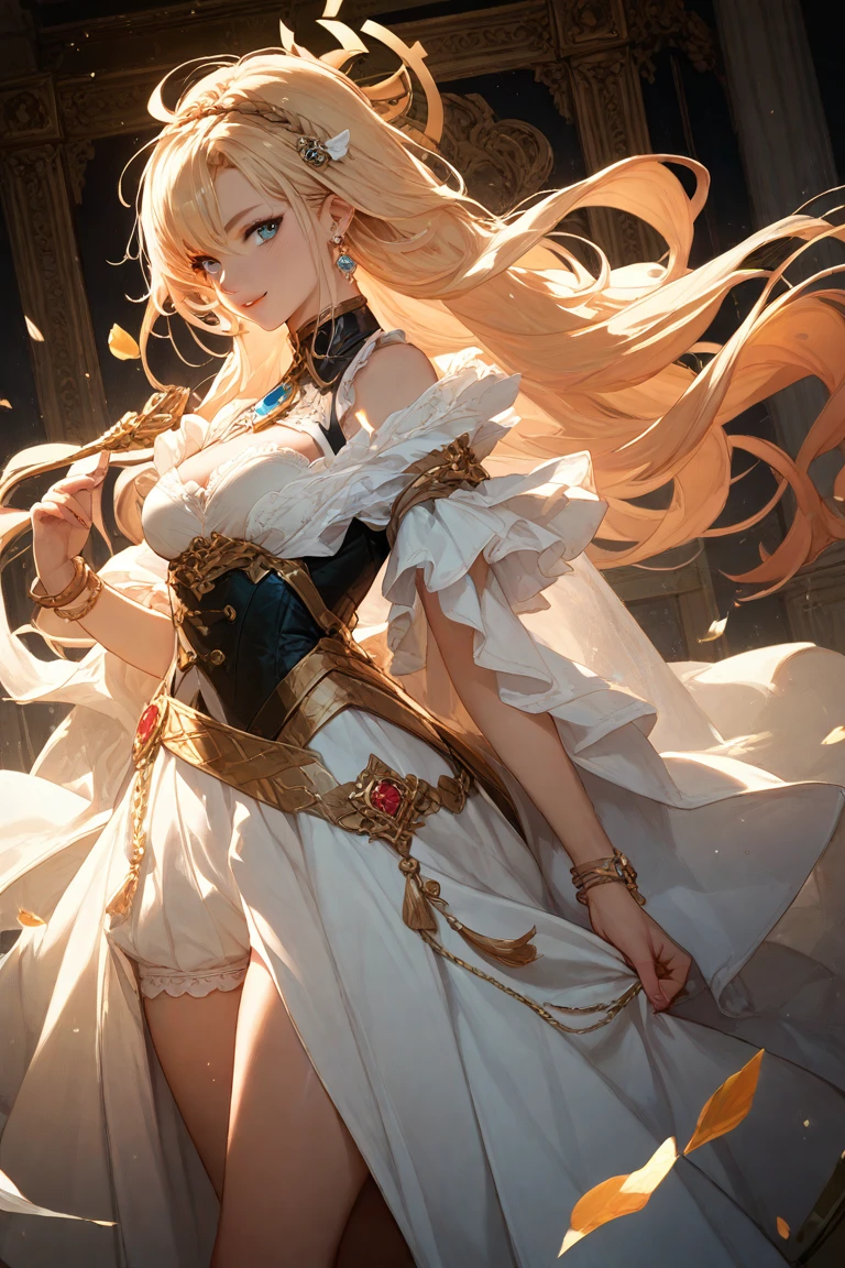 Long blond hair, Double small twist braids, woman,dress, long skirt, cleavage,Hand guard,Bare Legs,Great Sword,Medieval European castles