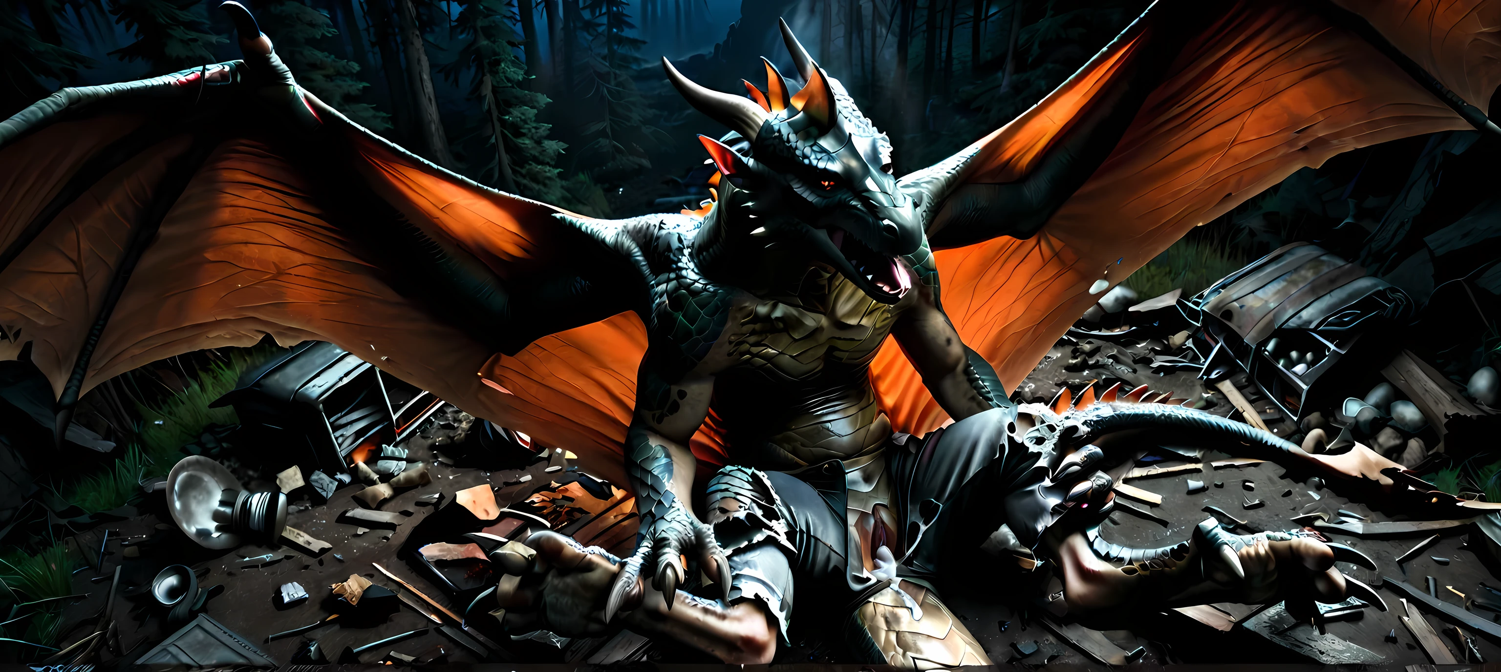 Pov:1.3, point of view, view from top:1.3, view from above, high angle, sitting, lean on ruins, own body, human legs, human arms, human hands, own legs, own paws, transformation, human morfing into dragon:1.3, feral dragon, tail, wings, claws, paws, [scales: human skin:0.8], human skin: 1.2, gradual scales, ultra realistic scales, shining, spotlight, tattered, torn underwear, tattered pants, scraps around, in pain, hard breathing, shaking, wound, eggs from pussy, sperm, scars, scratched, nsfw, forest, night, lonely trail, abandoned camp, abandoned hut, cave, trash, Realistic, 4k, 8k, RAW, HDR, UHD, high resolution, hd, full colour, 4k, high definition, sharp focus, smooth, Professional, cinematic, extreme detail, description, masterpiece, best quality