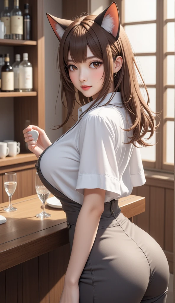 bent over, 1girl, mature female, long brown hair, bangs, hair clips, white blouse, detailed pupils, (huge breasts), indoors, restaurant, city, colorful, vivid colors, masterpiece, absurdres, aesthetic <lora:add_detail:1> <lora:whale_tail:1> whale tail, panties, thong, panties, pants, thong,