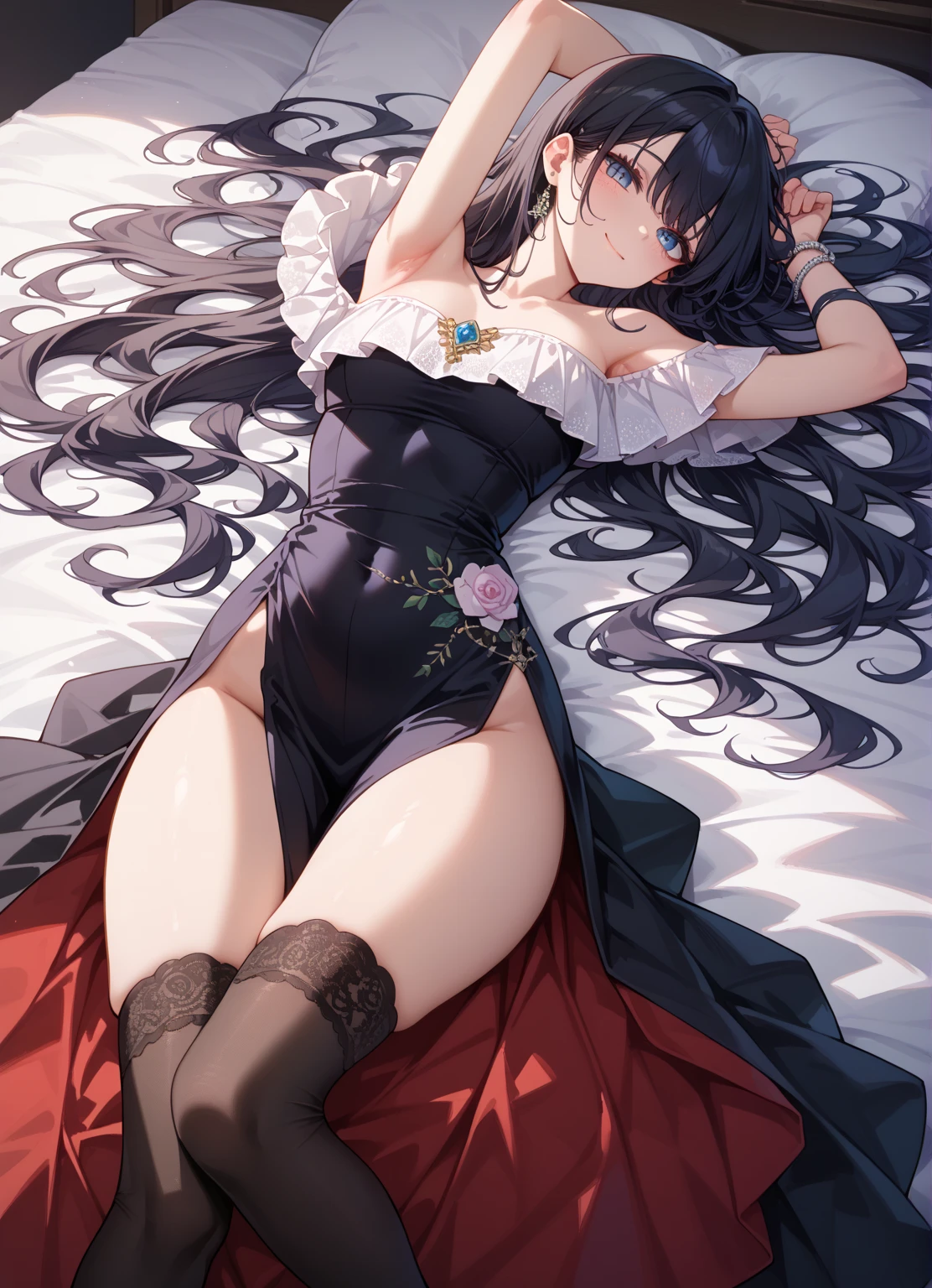 masterpiece, Highest quality, High resolution, alone, Big Breasts, indoor, Out of place bra, String, (arrival: 1.2), Lying down, From above, Spread your arms, smile, bed, Disheveled underwear, Heavy breathing, An invitation to sexual expression