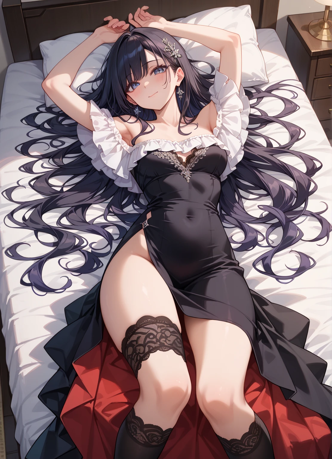 anime girls sleeping in lingerie psp wallpaper 1920×1080 girl in underwear lying on bed wallpaper, anime girls asleep in underwear psp wallpaper 1920×1080,girl in underwear lying on bed wallpaper, anime girls sleeping in underwear, 1 girl, solo, black hair, twintails, underwear, blue eyes, breasts, panties, lying, navel, looking at viewer, thighhighs, on back, bra, long hair