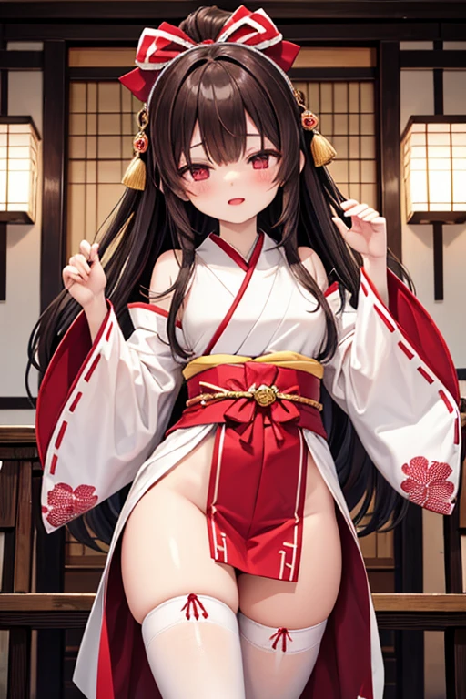 masutepiece) (32K High Resolution) (top-quality) (ultra-definition) (A hyper-realistic) (a beauty girl) (Raw photography) (Photorealsitic)  (perfect bodies) (18year old) (large full breasts） (girl with) （（Kneel with your legs spread））（cover crotch with hands）（Kimono comes off and bare skin is visible）（traditional Japanese room）（Attention to detail）（Japan cute girls）（A look of shame）（red blush）（most attractive configuration）NSFW、Cute droopy eyes、a baby face