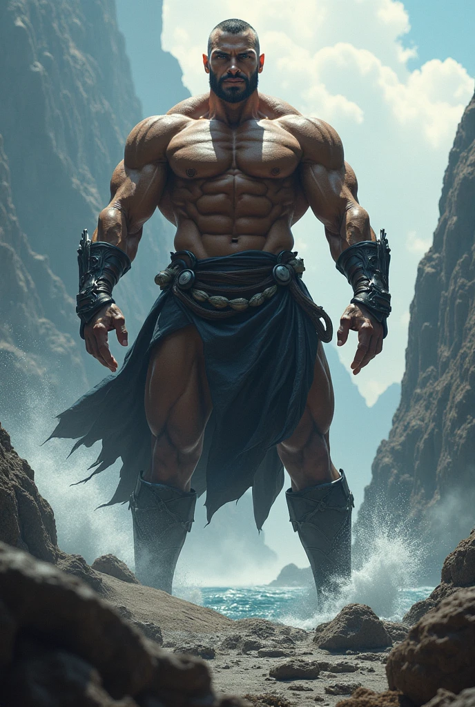 muscle giant gladiator walking calmly and nobly towards the sea filled with rose petals and with rose-colored water. black, 1man, nobility, gold, white, dark skin
