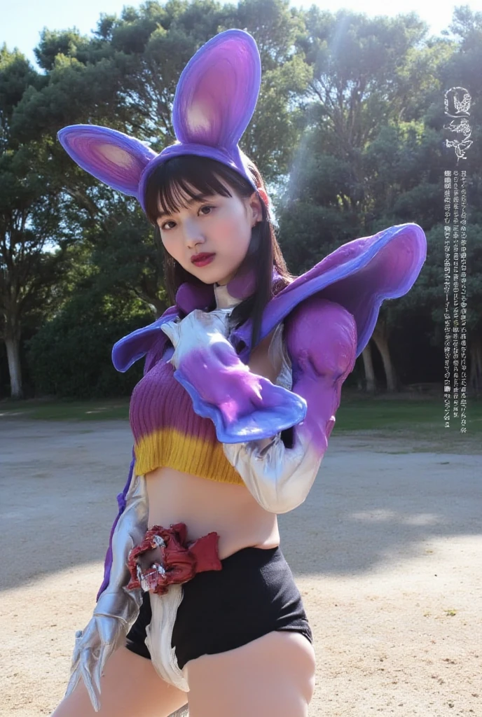Idol in colorful bunny girl fashion、large full breasts、Beautiful legs、Blue mesh semi-long、、Good Style、、Red and blue fishnet stockings、Red, blue and white、Cute Bunny Suit、Cute look、Long Bunny Girl Year、large hips、Colorful hair