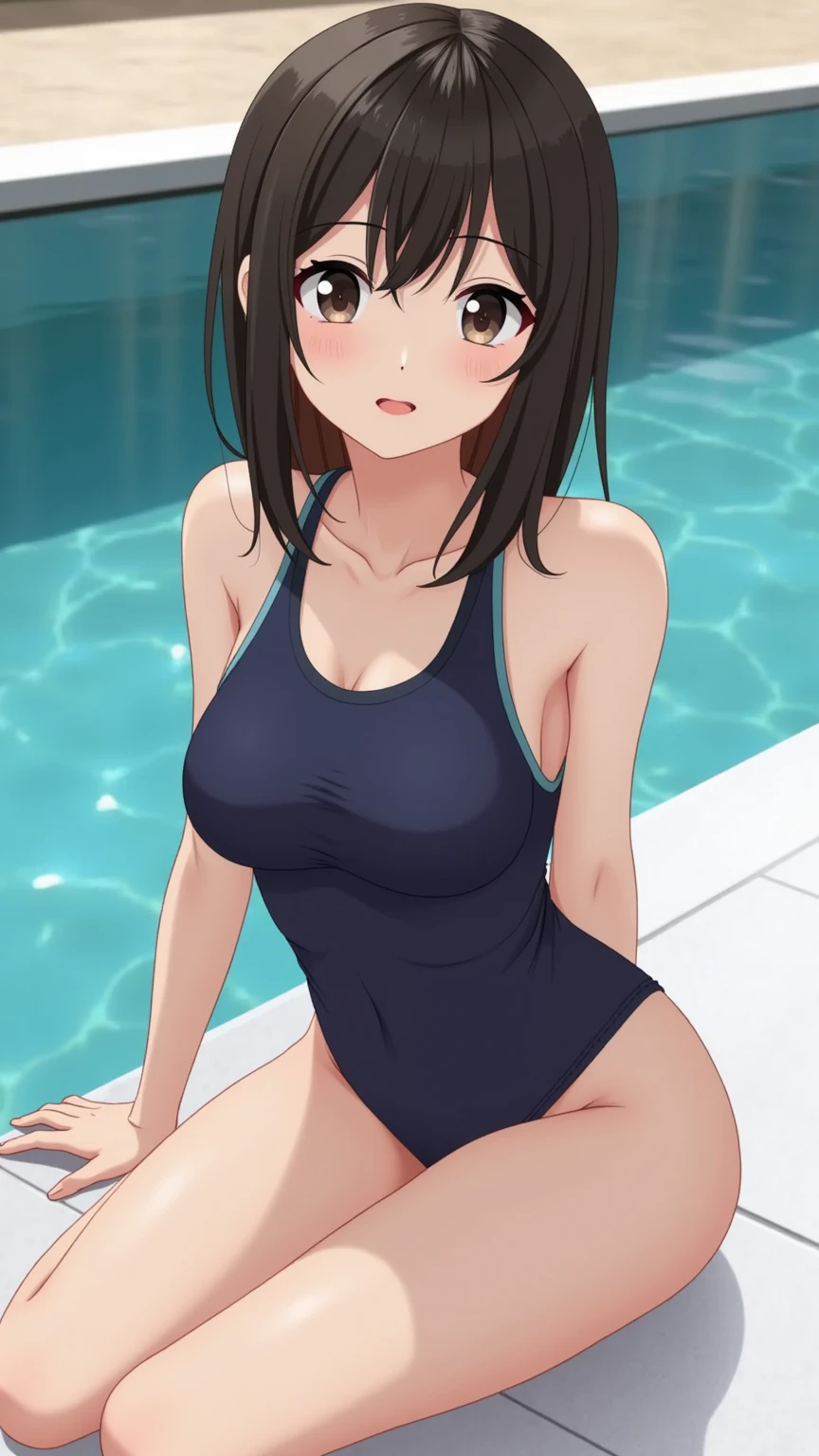 (masterpiece、Highest quality、In 8K、High resolution:1.2)、alone、One Girl、 Takina Inoue、Feeling embarrassed、blush、Purple Eyes、Look at the viewers、whole body、Navy blue swimsuit、Dark blue racing swimsuit、Glossy body、Wet body、Daytime、Poolside、Low - Angle