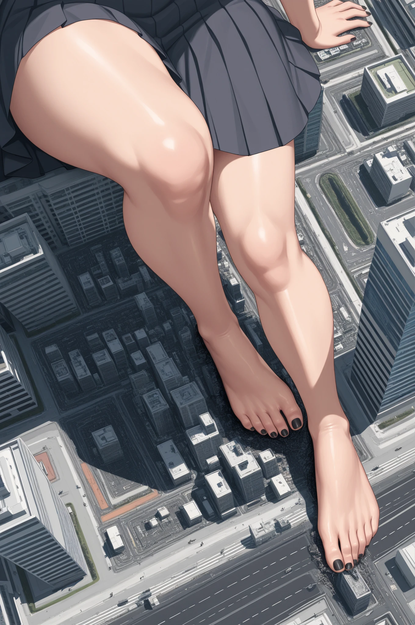 Girl flying over the city, giantess art, A giantess, highly detailed giantess shot, Girl wearing white lingerie panties, extremely detailed giantess shot, a macro giantess, Bottom shooting, bare legs and bare feet, low field of view