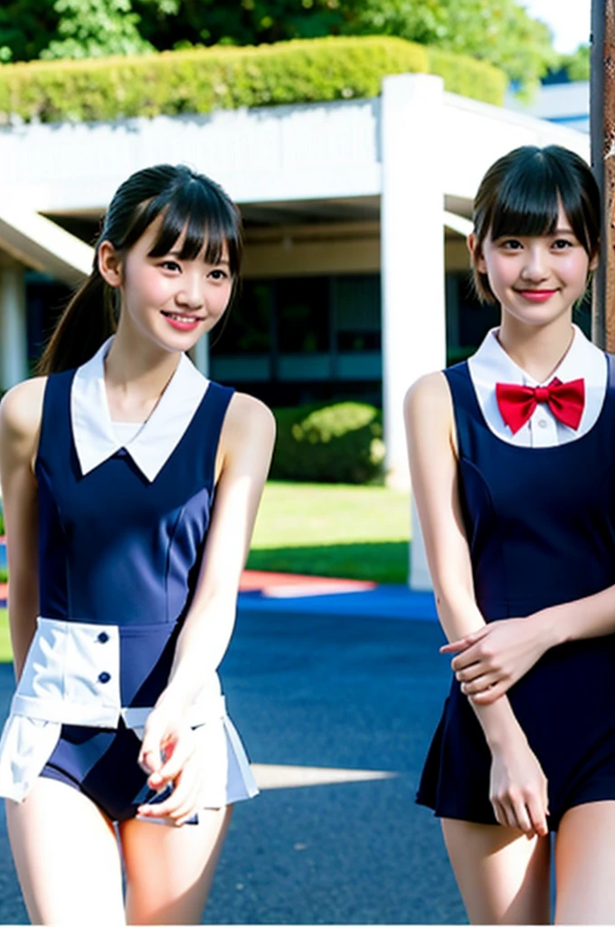 Two girls standing in the schoolyard,Navy blue one-piece swimsuit with white collar, buttons and bow tie,18-year-old,bangs,Smile a little,Thighs,knees,Shortcuts,Low Ponytail,From below