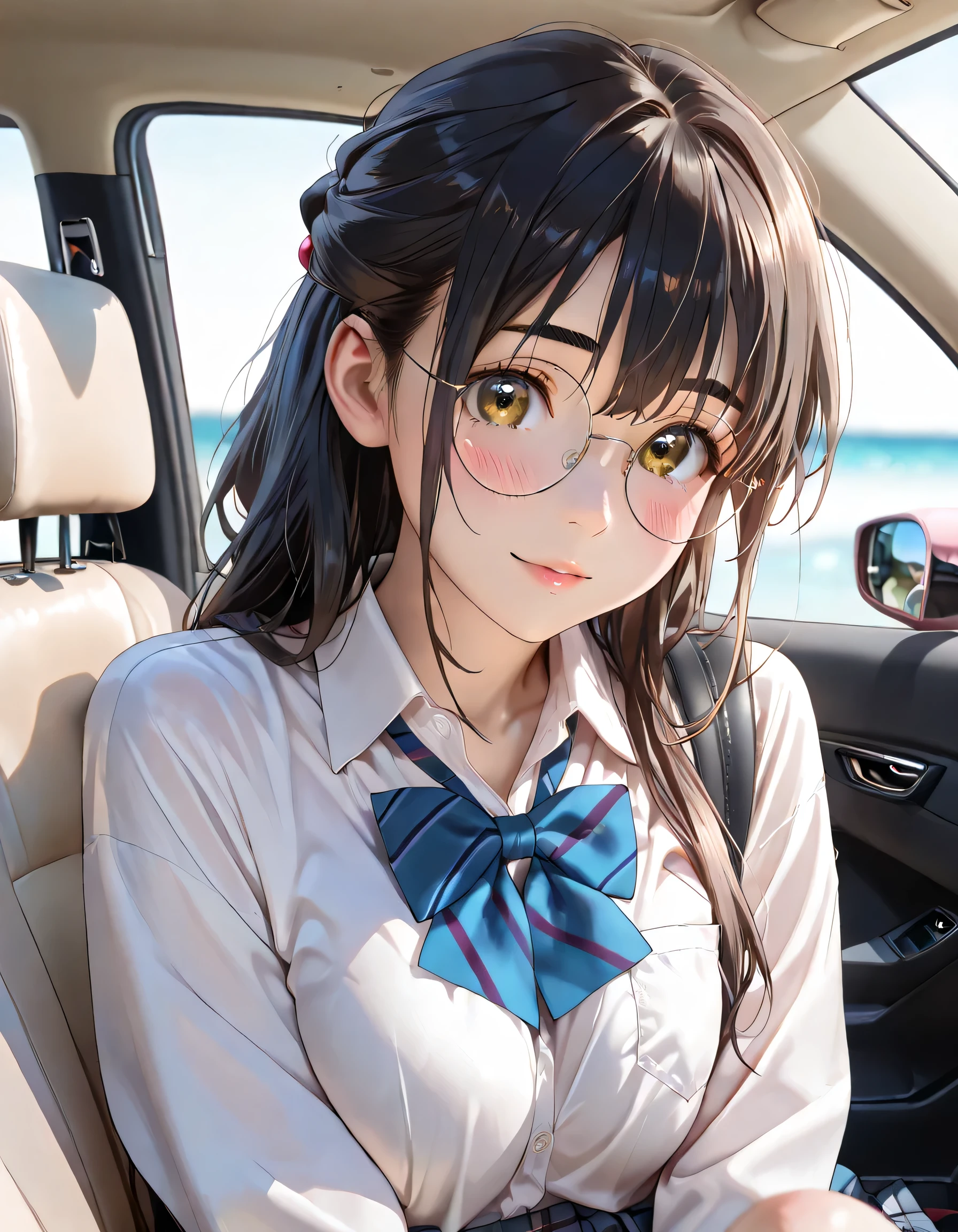 ((ultra-detailed)), (highly detailed CG illustration), (best quality:1.2), ultra-highly detailed, colorful composition, artistic photoshoot, 1girl, solo focus, upper body, moe anime character, girl, dainty facial structure, babyface, round face, rounded chin, short stature, drive:1.3, (in the side seat of the car:1.4), looking viewrer:1.3,, thick eyebrows, half updo, sagging eyes, long hair, black hair:1.3, brown eyes, (wearing glasses:1.3), (round eyewear:1.3), black hair color:1.3, half updo, ample breasts, school uniform, blue stripe neck bow, long sleeves white shirt, blue checked pleated skirt, and white high socks, gentle smile:1.2, blush:1.1, portrait, depth of field, lighting, sidelighting, shine, lighting, caustics, ray tracing, lustrous skin, highly detailed face, highly detailed eyes, perfect nose, perfect anatomy, beautiful hair, beautiful small face, beautiful detailed eyes, beautiful clavicle, beautiful body, beautiful breasts, leavage, breasts squeezed together, beautiful thin thighs, beautiful legs, beautiful fingers, lovely, (very detailed background:1.0), (highly detailed background:1.0), intricate details, chromatic aberration