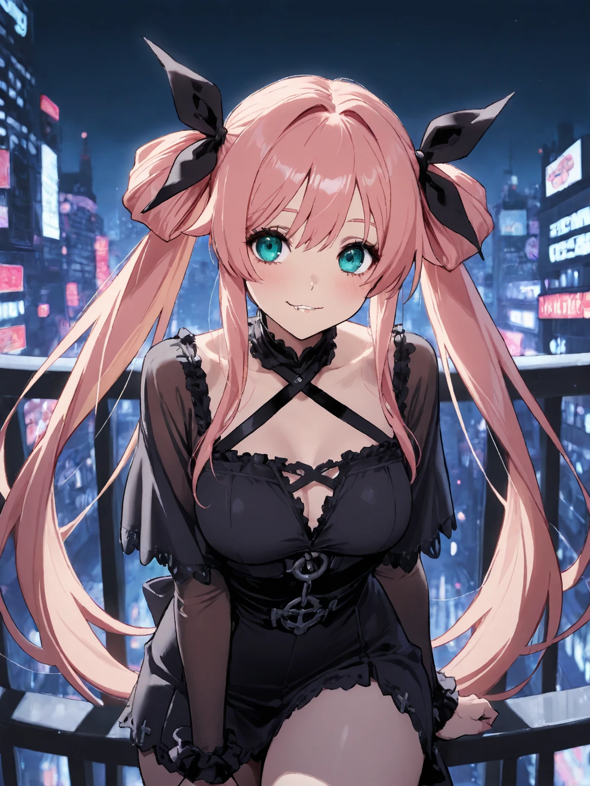 best quality, insanely detailed, nino nakano, breasts, blush, outdoor background, bare-shoulder, looking at viewer, garter strap, a black ribbon, stockings, pussy, smile, lingerie garterbelt