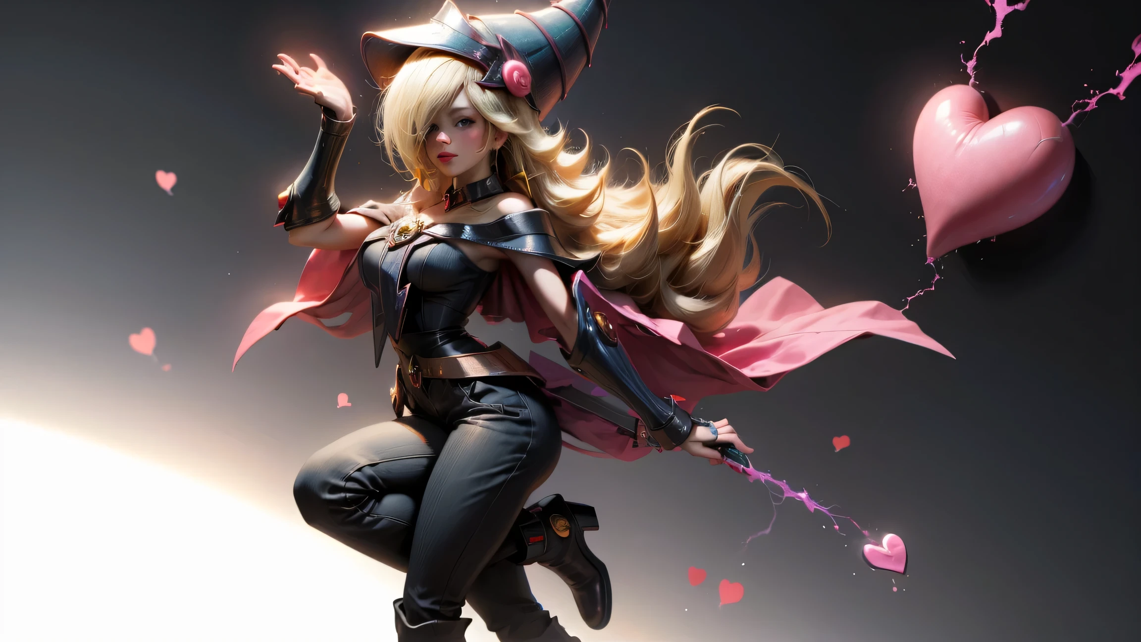 (Masterpiece:1.2), (The best quality:1.2), perfect lighting, Dark Magician Girl casting a spell, smiling. happy. in battle. floating in the air, big and visible tits, wear jeans and heels. transparent neckline, blue robe, big hat, From above, sparkles, Yugioh game, The magic of the heart, romantic heart.