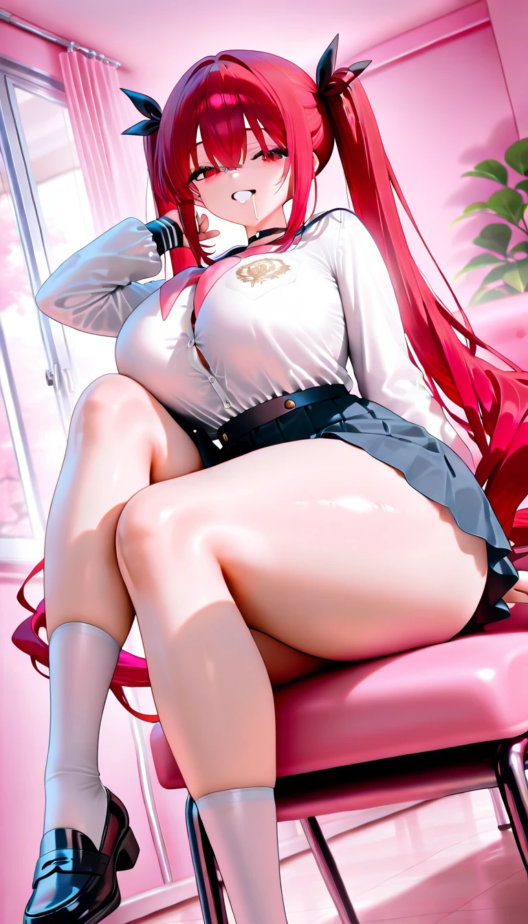 (High resolution), (32K), (very very highly detailed), (Best illustration), (beautiful and delicate eyes), (best quality), (super detailed), (master piece), (Detailed and delicate face), solo,Highly detailed face and skin texture,fine eyes,double eyelid,Spread your legs and use props、very shy、blush、spread legs,high details,stiletto heels,(dynamic pose),1 female, long hair , long legs、 (camel toe),(((big breasts)))、Exposing genitals without wearing pants,The protruding PUssy ,cocked ass,I grew up sexy、(((sailor suit)))、best style、pink nipples、Transparent pink nipples、Pink sky、Pink clouds、pink flowers、 pink hot spring、pink water all over、Pink light、Pink sky間