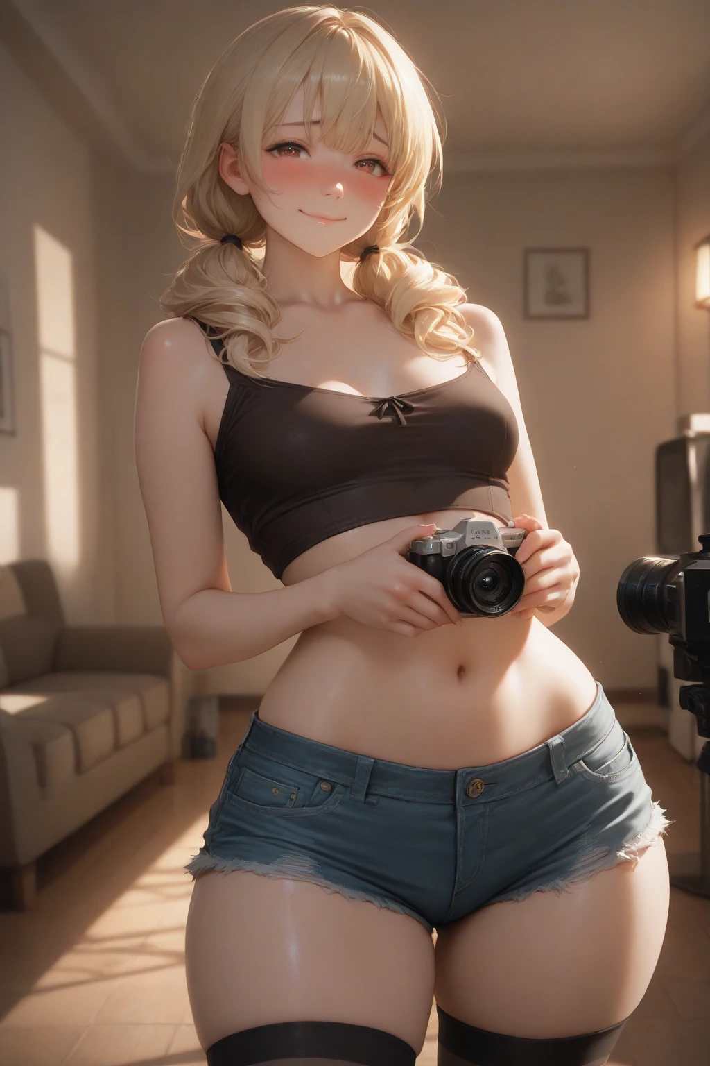 Blonde woman in a transparent white bra top taking a selfie with her cell phone, Cuerpo perfecto fotorrealista, Cuerpo perfecto sombreado realista, Figura completa hiperrealista, Cuerpo completo fotorrealista, Obras de arte al estilo de Guweiz, Render fotorrealista de Anime Girl, Imagen ultra realista, realistic artistic style, [ Fotorrealismo 4K ]!!, Render semi - realista , brillo en la piel , dreamshaper, escala 9:16 --auto --s2