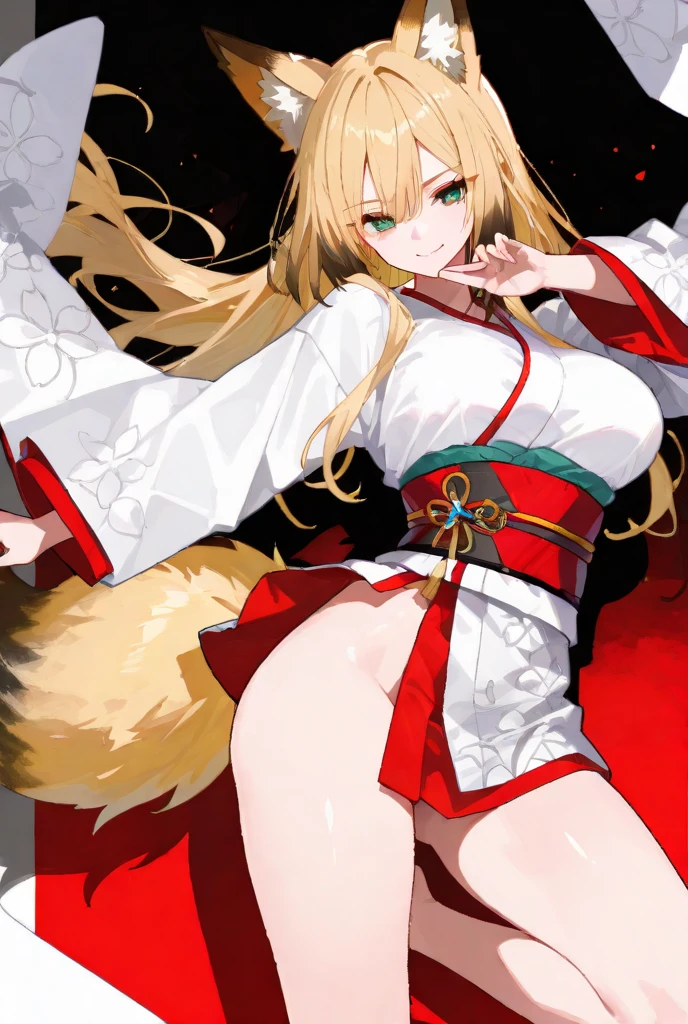 solitary, (Fox ears), Exquisite eyes, blond hair,Facial details, Green Eyes, Red Eyeshadow, lips are red, Fake laugh, Ukiyo-e, masterpiece, high quality, big breasts,Black tights,High heel,Exposing thighs,leaking breasts