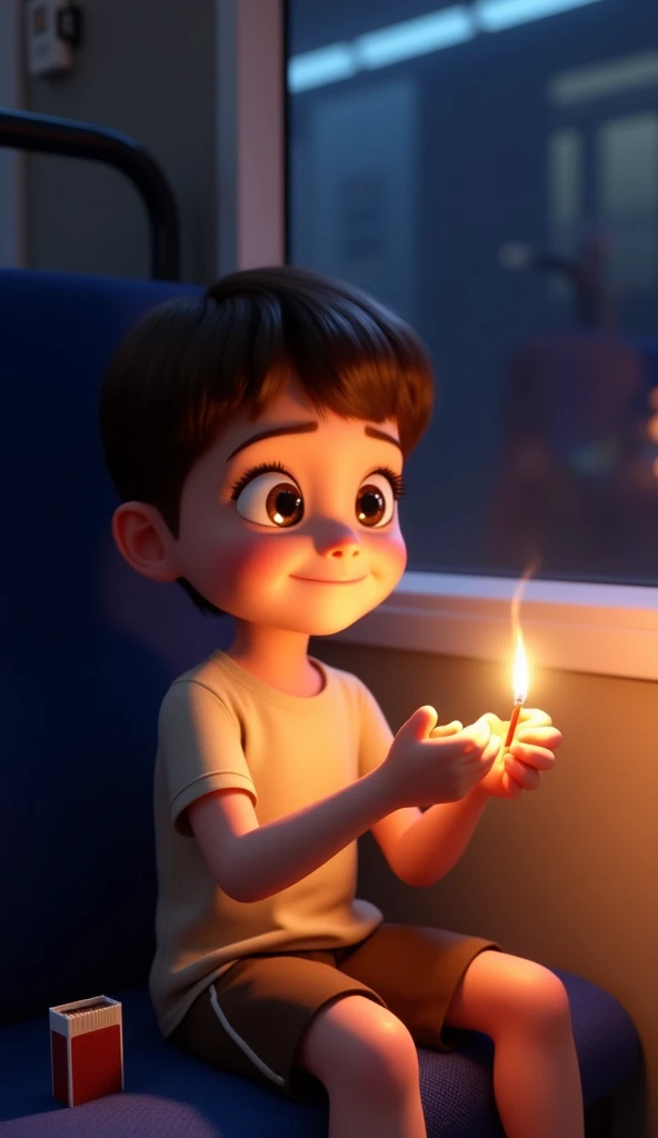 Child from a distance in his room holding an object with his hands, he looks happy 
