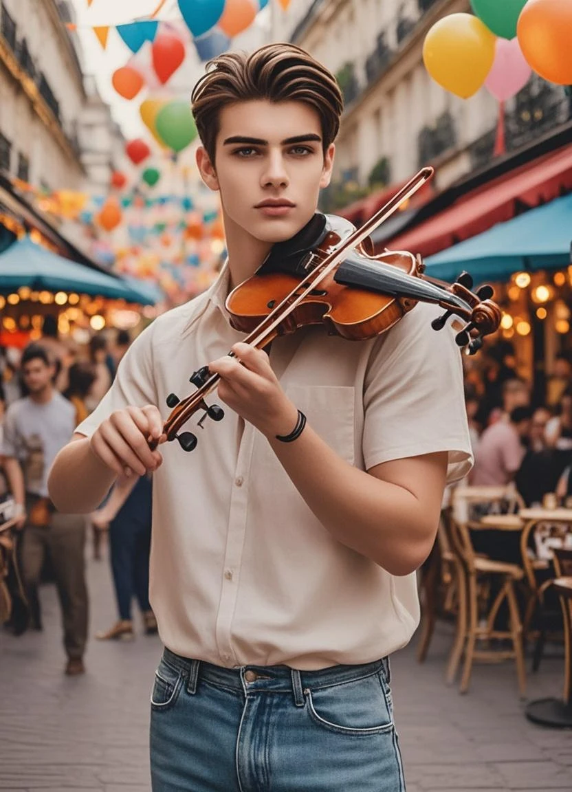 illustration Ultra detailed illustration, ((watercolors a young man in Roberto Ferri style, fullcolor, Latino, slim toned fitness body, defined muscles, perfect anatomy, short black wavy hair, Roman nose, thin lips, square chin, diamond shaped face, barefoot, shirtless, wearing orange and green shorts, standing playing the violin) ( oiil painting intense hard colors background, you can see the paris tower, sena river, eleeses campos ) evokes masculine beauty and art.