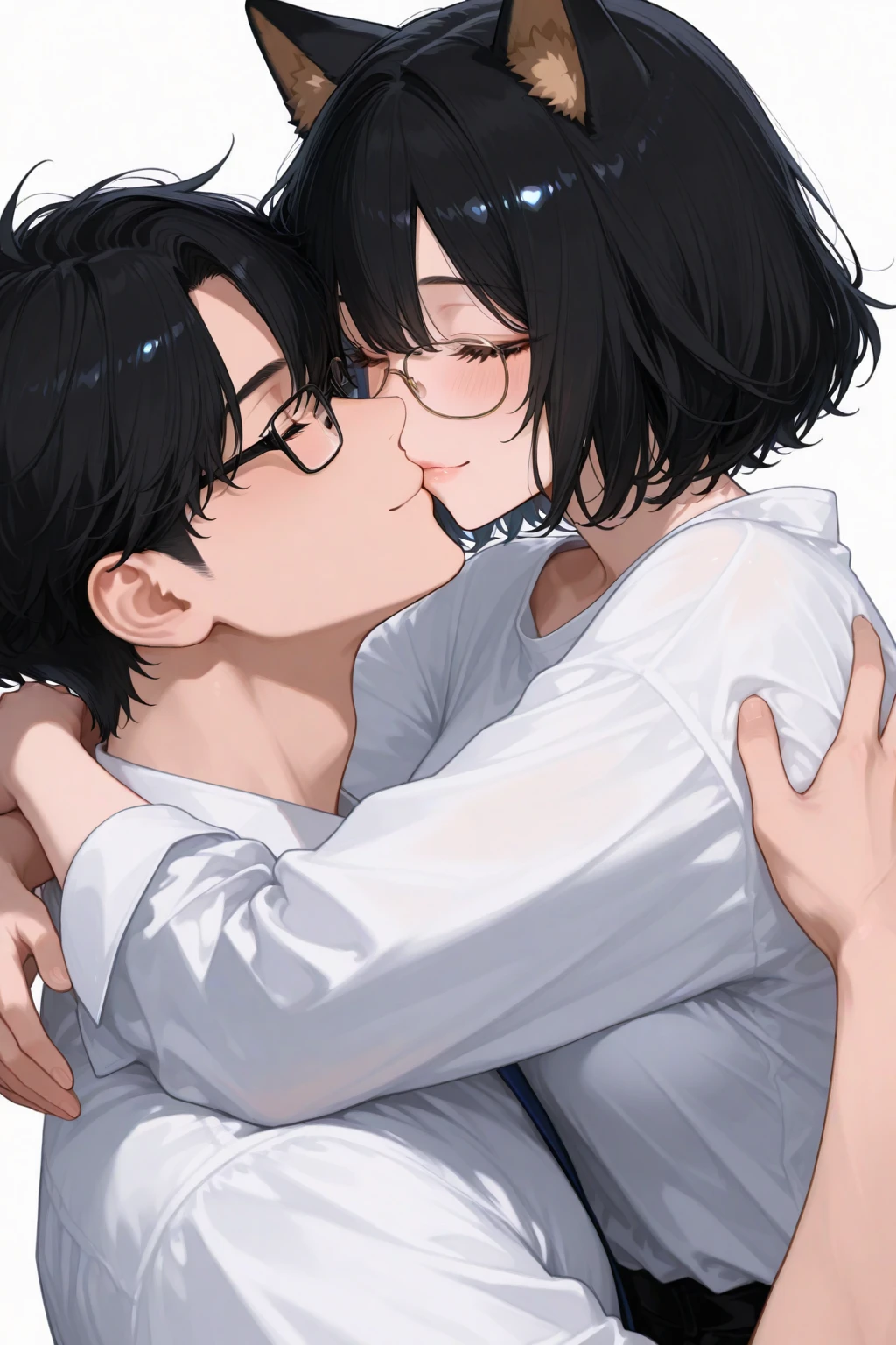 A naked middle-aged man forcibly kisses a cute girl with a black bob haircut and modest pubic hair, who is crying and groaning in disgust, while groping her breasts.、classroom
