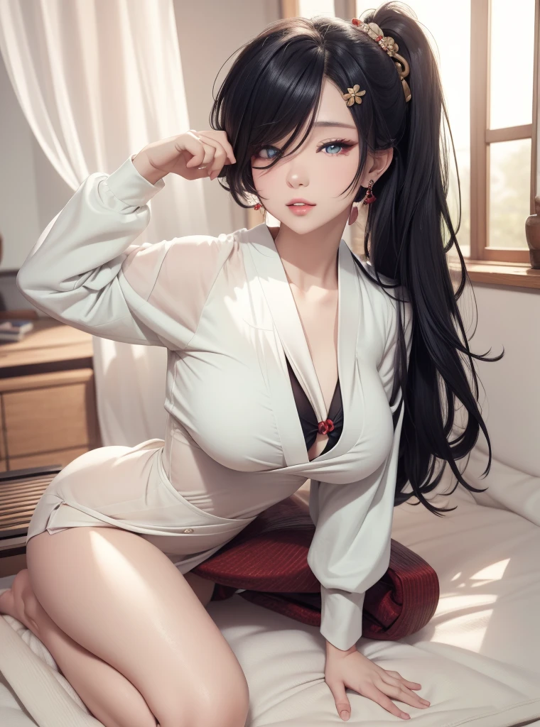 highest quality、Realistic、Women、Black Hair、Light brown eyes、Long Straight Hair、Silver lingerie、Large Breasts、smile、slender、Moonlit Night、Japanese-style room、Summer blanket、Bust Shot