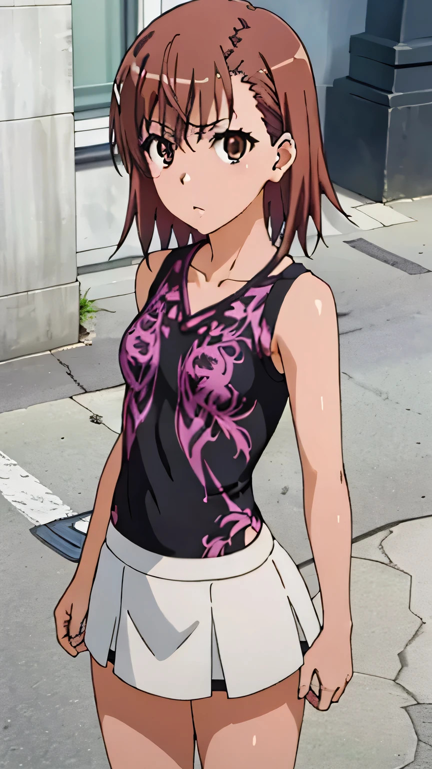 (masterpiece, best quality, high resolution, 8k:1.2), (anime coloring:1.2), highly detailed, beautiful eyes, perfect eyes, fine eyes, brown eyes, featuring big highlights, detailed face, highly detailed, fine eyes, symmetrical eyes, one girl, alone, Misaka Mikoto, brown hair, short hair, hairpin, (small breast:1.4), slim body, nffsw, (pattern shirt, black t-shirt, sleeveless, skirt, ), (street corner, summer sky), looking at the viewer, in the center of the image, (cowboy shot:1.2) 