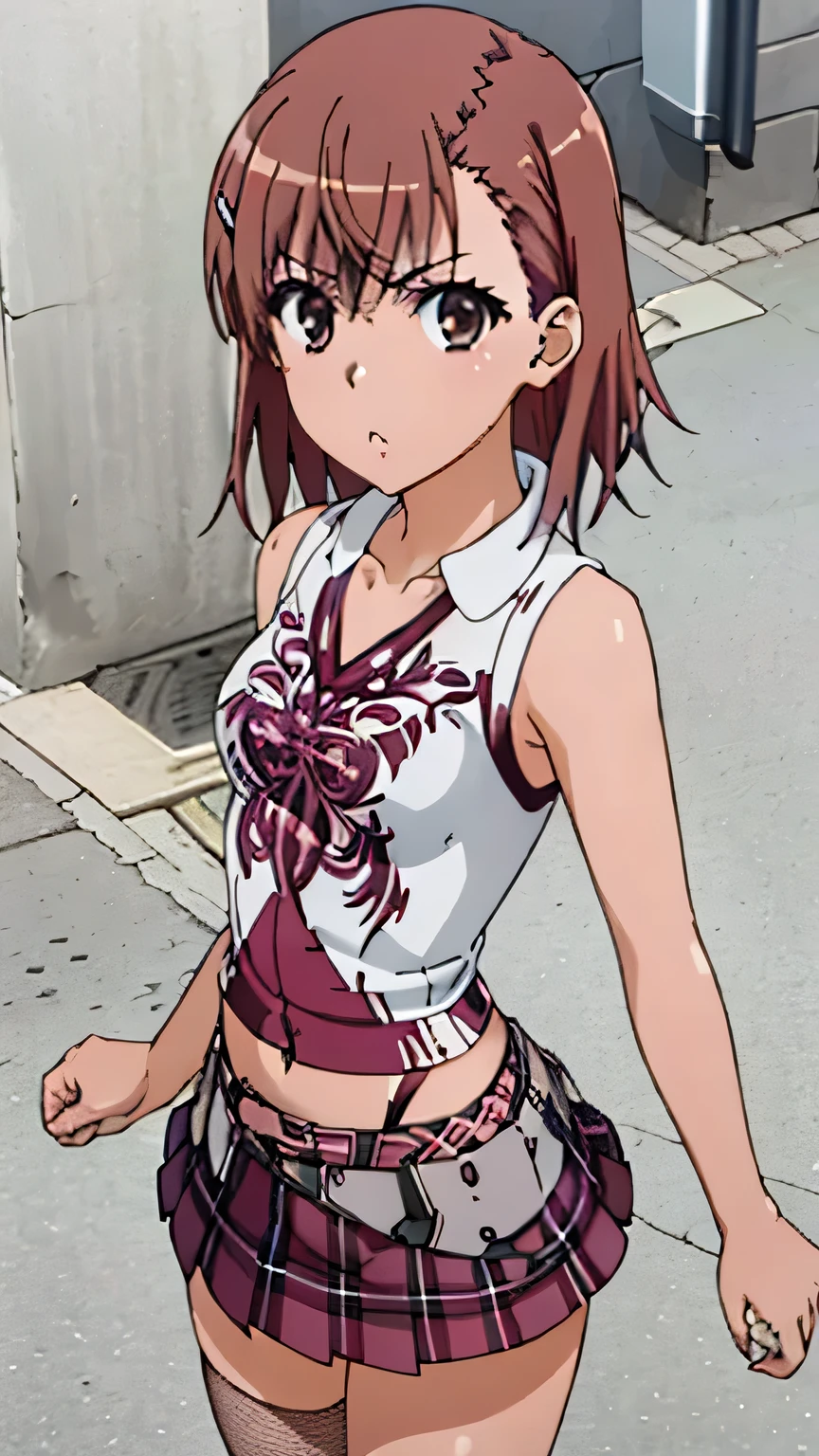 (masterpiece, best quality, high resolution, 8k:1.2), (anime coloring:1.2), highly detailed, beautiful eyes, perfect eyes, fine eyes, brown eyes, featuring big highlights, detailed face, highly detailed, fine eyes, symmetrical eyes, one girl, alone, Misaka Mikoto, brown hair, short hair, hairpin, (small breast:1.4), slim body, nffsw, (pattern shirt, pattern clothing, sleeveless, skirt, fishnet legwear), (street corner, summer sky), looking at the viewer, in the center of the image, (cowboy shot:1.2) 