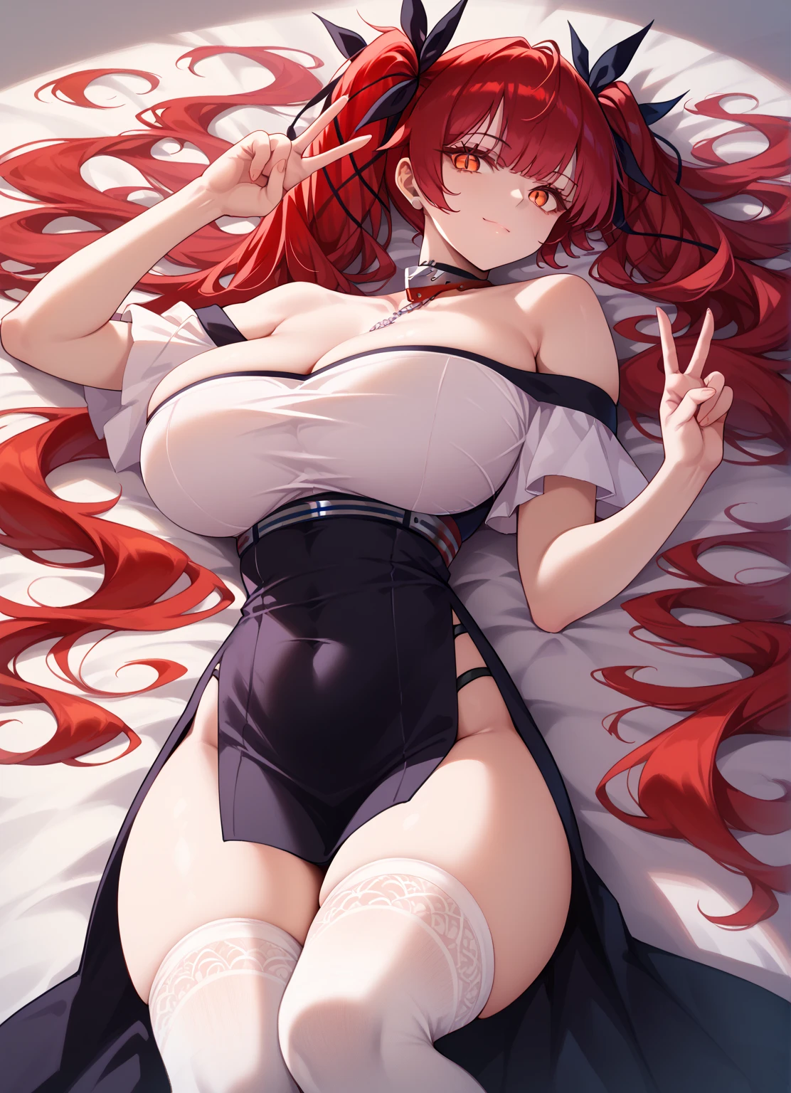 1bunny woman, bunny ears, red hair, two buns, make-up, yellow eyes, red lipstick, serene face, red and white elegant dress, long white stockings, red heels, fan hand, big breasts, big ass