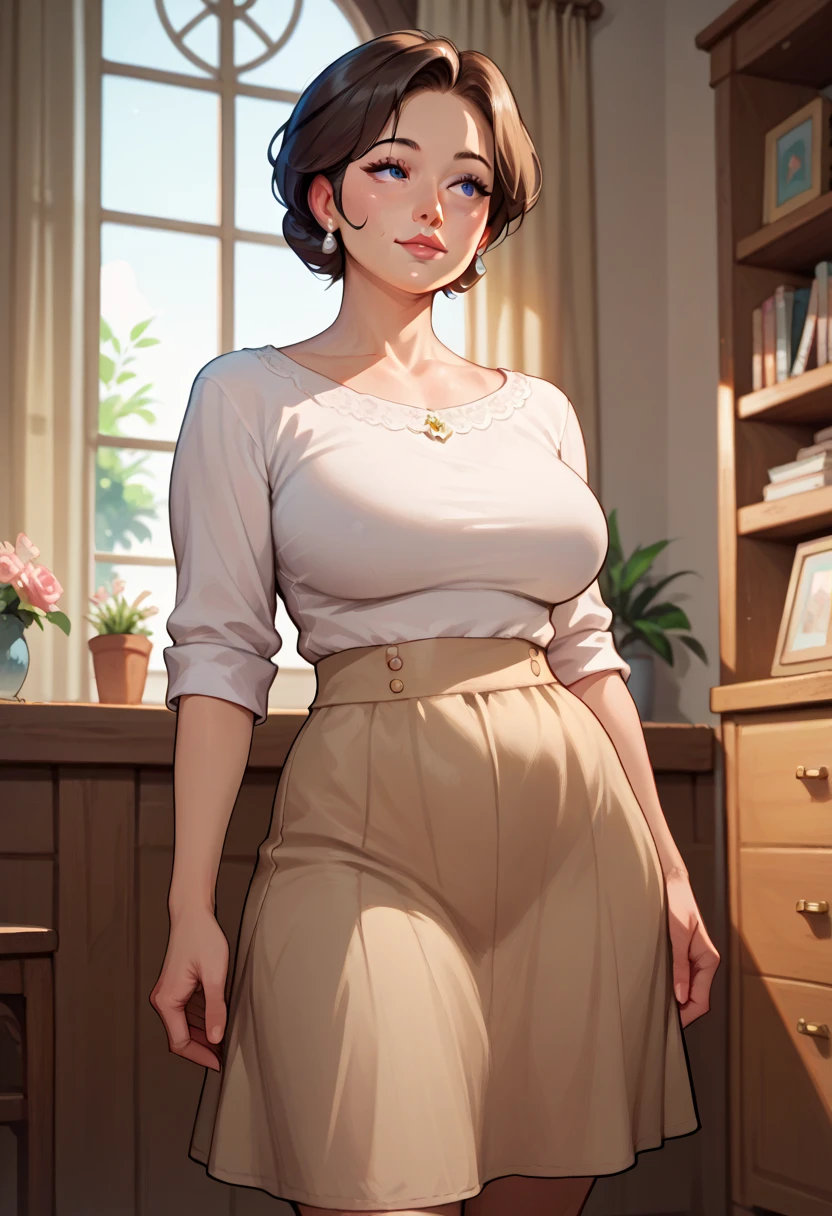 score_9, score_8_up, score_7_up, source_anime,1girl, mature female, brown hair, curvy mother, wide hips, normal breast, (excited expression:1.0), looking at viewer, standing, sexy white blouse, beige pants, half complete body view