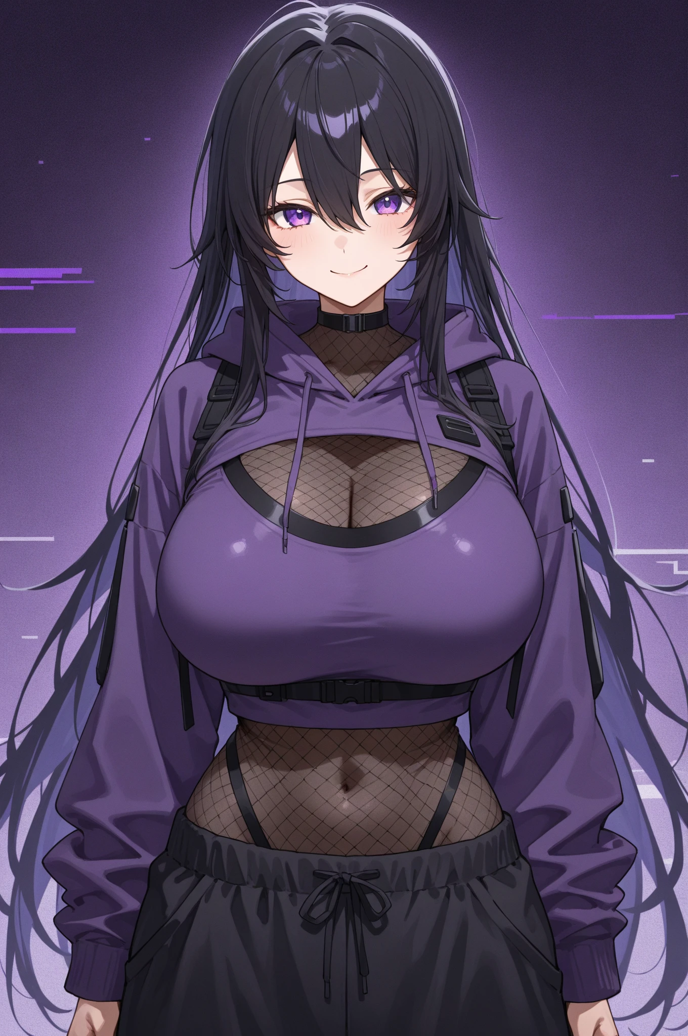 A girl with purple eyes minecraft Enderman black top big breasts breast expansion forest