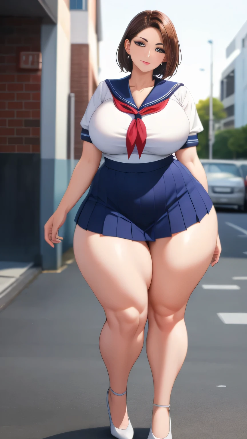 Large Breasts, Big Hips,Full Body Shot, Mature mother, Whipping the lower body, Plump thighs, Whole calf, Seductive mature woman, Perfect body, Plus Size Model,high school girl,Sailor suit, The skirt is short,Mature woman wearing Sailor suit,